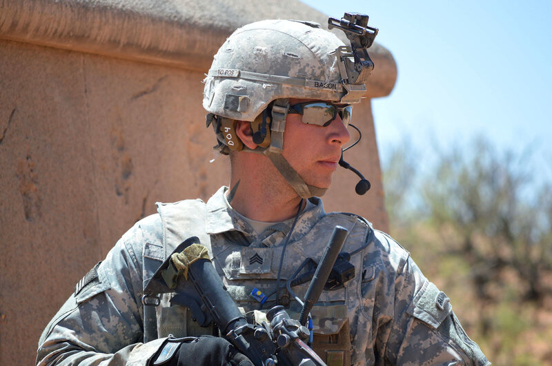Sgt. Jessie Bacon uses the Tactical Communications and Protective System to relay information to his squad in Fort Bliss, Texas. About 20,000 of the devices have been deployed so far. Sgt. Jessie Bacon uses the Tactical Communications and Protective System to relay information to his squad in Fort Bliss, Texas. About 20,000 of the devices have been deployed so far.