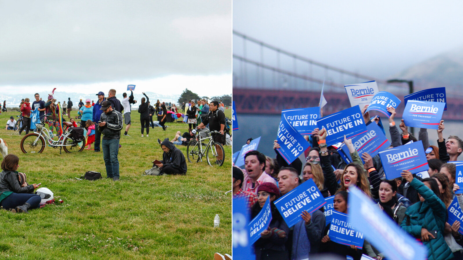 (Left) Sanders supporters and concertgoers listening to Dave Matthews and (right) standing behind the podium at Bernie Sanders' rally Monday in San Francisco. (Left) Sanders supporters and concertgoers listening to Dave Matthews and (right) standing behind the podium at Bernie Sanders' rally Monday in San Francisco.