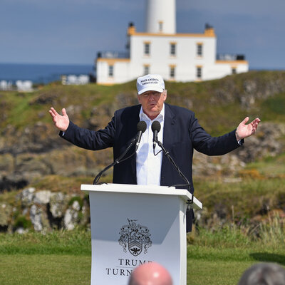Donald Trump speaks from the 9th tee at his new Trump Turnberry Resort Friday in Ayr, Scotland. Trump endorsed the U.K. decision to leave the European Union even though Scotland was against it.