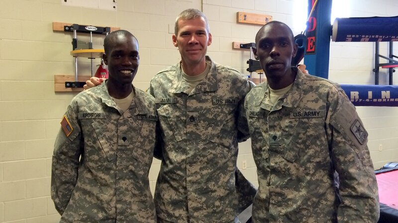 U.S. Army soldiers who qualified for the U.S. Olympic track team include, from left, Spc. Shadrack Kipchirchir in the 10,000 meters, Staff Sgt. John Nunn in the 50k race walk, and Spc. Paul Chelimo in the 5,000 meters. The trio, photographed in Fort Carson, Colo., are among 11 soldiers going to Rio. U.S. Army soldiers who qualified for the U.S. Olympic track team include, from left, Spc. Shadrack Kipchirchir in the 10,000 meters, Staff Sgt. John Nunn in the 50k race walk, and Spc. Paul Chelimo in the 5,000 meters. The trio, photographed in Fort Carson, Colo., are among 11 soldiers going to Rio.