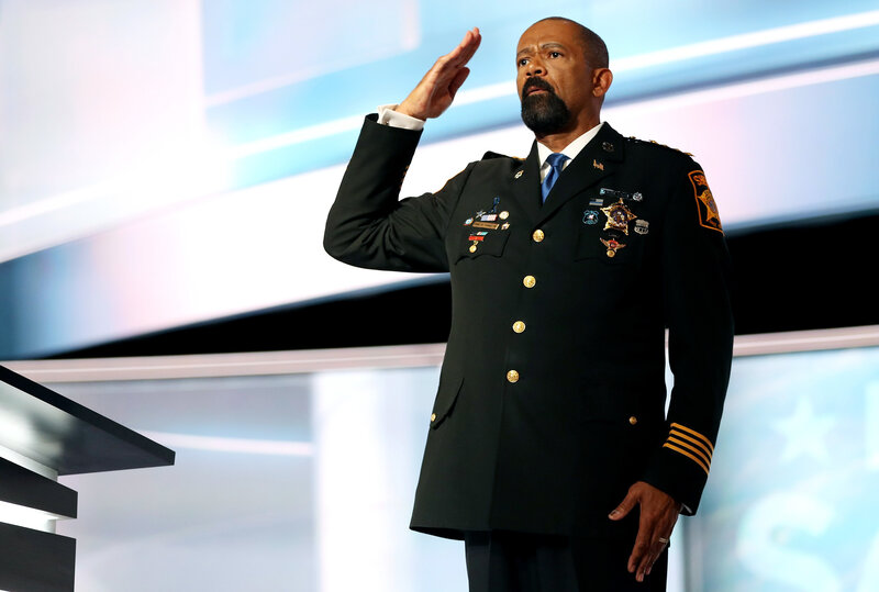 Milwaukee County Sheriff David Clarke salutes the crowd before delivering a speech on the first day of the Republican National Convention. Milwaukee County Sheriff David Clarke salutes the crowd before delivering a speech on the first day of the Republican National Convention.