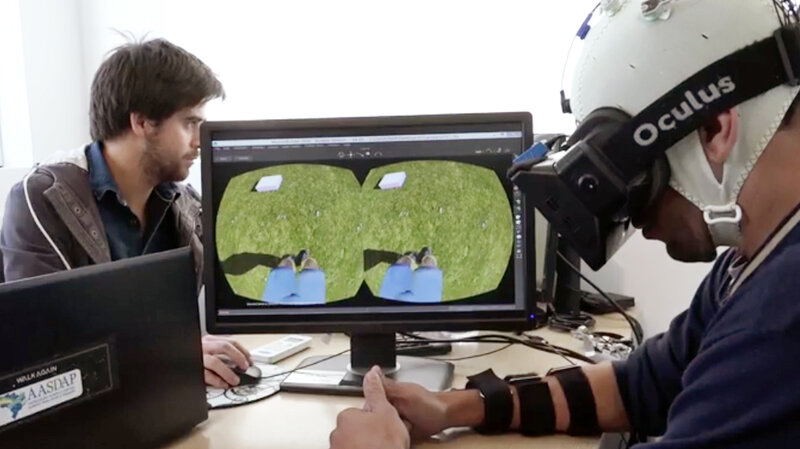 Part of the training in Miguel Nicolelis' research involves having a patient with spinal cord damage learn to use an avatar to walk in virtual reality, while being given visual and tactile feedback. spinal injuries
