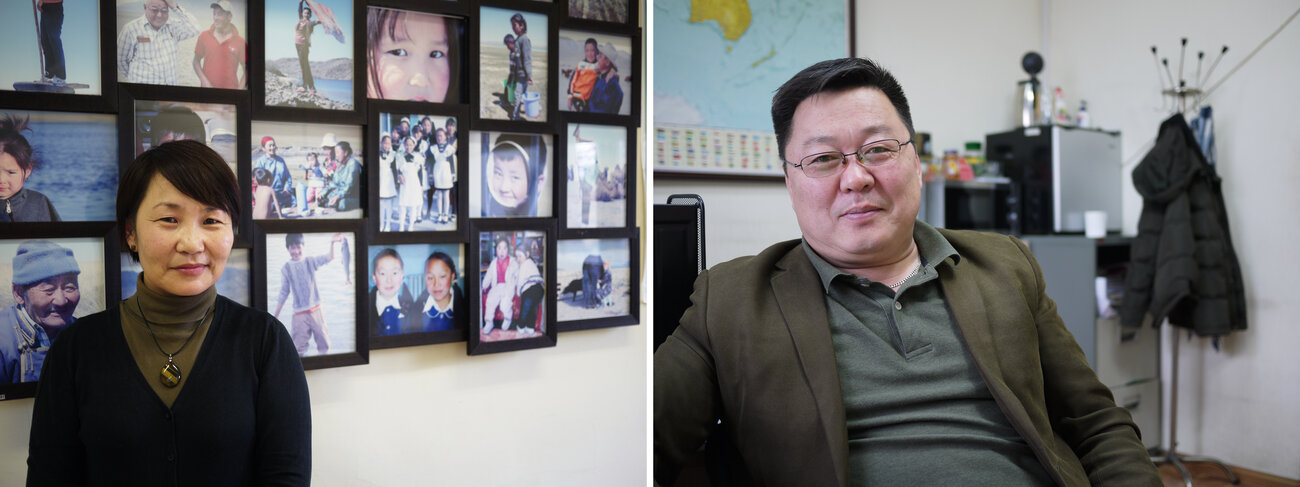 (Left) Bulgamaa Densambuu, a researcher for Green-Gold Project, recently completed a survey showing that 65 percent of Mongolia's rangelands have been degraded as a result of overgrazing and climate change. (Right) Gankhuyag Nyam-Ochir directs the Mongolian Association of Pastureland User Groups. He is convincing herders to trade their goats for camels and yaks, which are easier on the grasslands. Rob Schmitz/NPR.