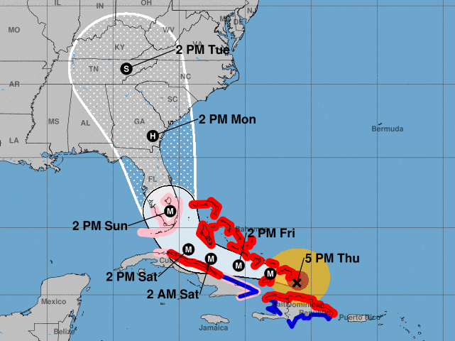 The five-day path prediction for Hurricane Irma includes a northern turn close to the coast of Florida. (National Hurricane Center)