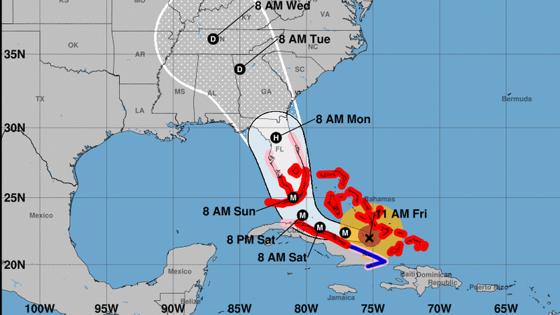 Hurricane Irma is predicted to run up the center of Florida, in the latest track released by the National Hurricane Center at 11 a.m. (National Hurricane Center)