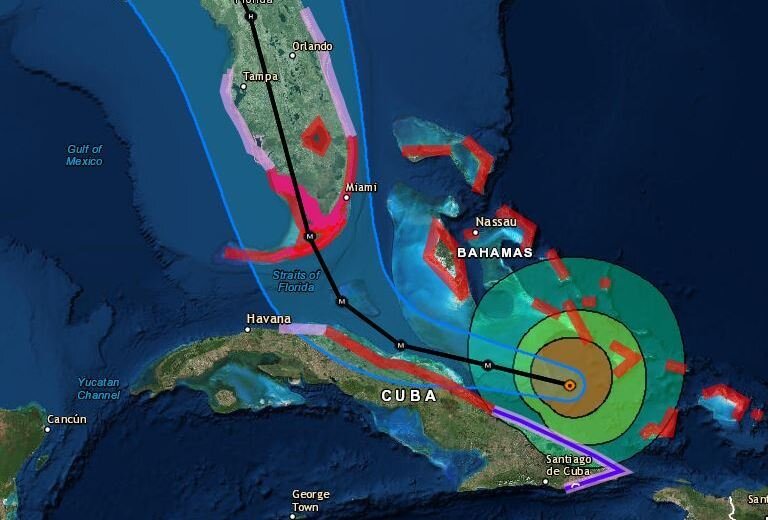 Hurricane Irma is expected to remain a Category 4 storm when it makes landfall in Florida this weekend. In this image from 11 a.m. ET, the red marks show areas under storm surge warnings. (National Hurricane Center)