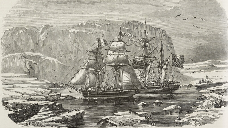 The HMS Erebus and HMS Terror in the bay where John Franklin's expedition spent the winter of 1845-1846, as illustrated by Le Breton in 1853.