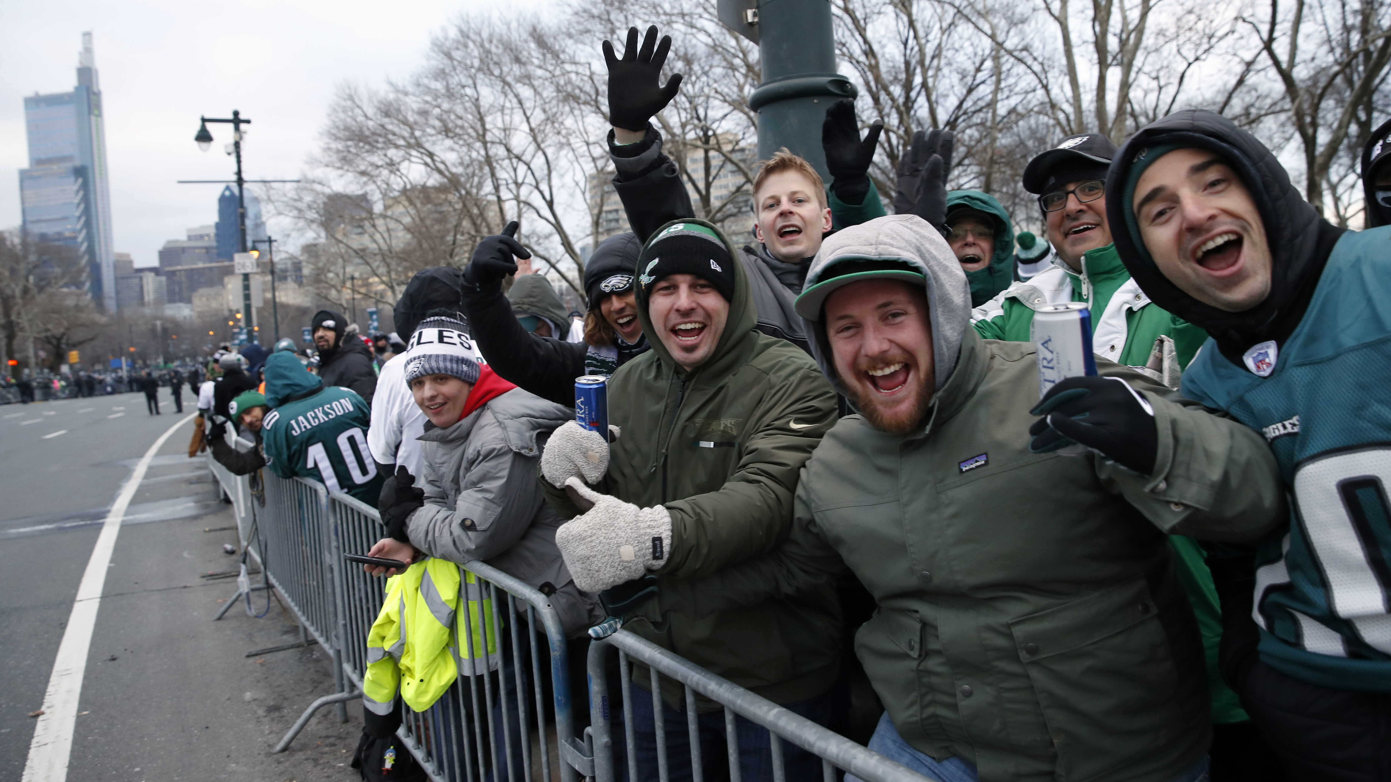 Fans line Benjamin Franklin Parkway before the Super Bowl victory parade for the Philadelphia Eagles on Thursday in Philadelphia