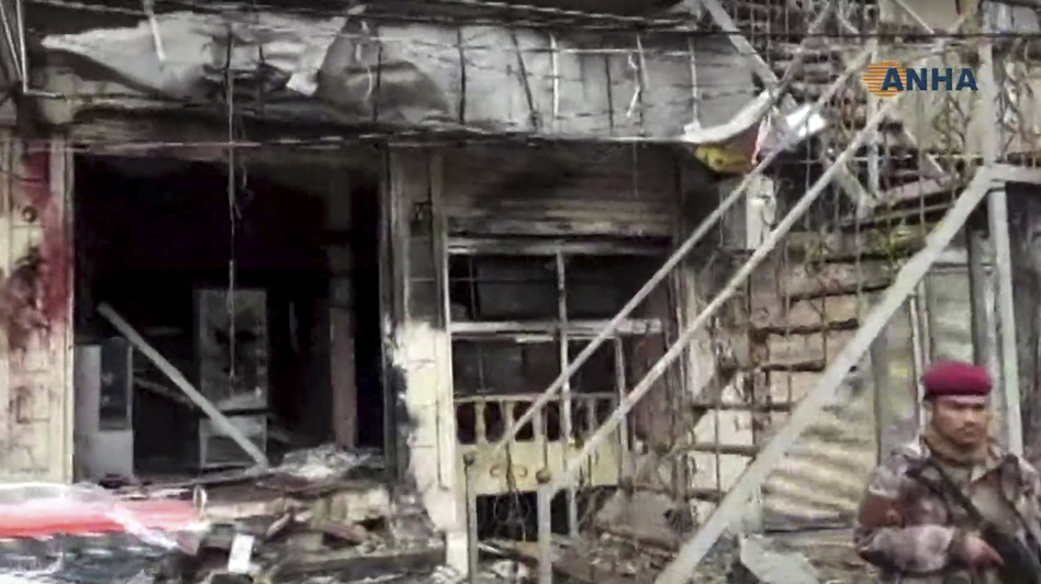 An explosion damaged a restaurant in Manbij, Syria, Wednesday, shown in a screengrab from the Kurdish Hawar News agency, or ANHA.