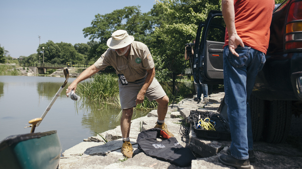 A volunteer with the Chicago Herpetological Society known as Alligator Bob sets out in his canoe to find an alligator on the loose in a Chicago lagoon this week.
