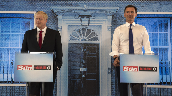 Boris Johnson and Jeremy Hunt debate on July 15 in London. Awaiting the next prime minister will be an international crisis with Iran, stemming from its seizure of a British-flagged commercial oil tanker.