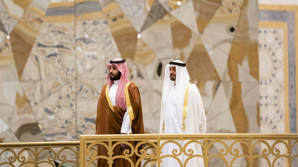 Saudi Crown Prince Mohammed bin Salman (left) attends a ceremony with Abu Dhabi Crown Prince Mohammed bin Zayed Al Nahyan in Abu Dhabi, United Arab Emirates, in November. The Saudi crown prince was in the UAE for talks that were expected to focus on the war in Yemen and tensions with Iran.