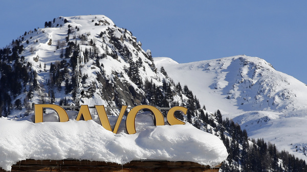 A Davos sign sits atop a hotel roof ahead of this year