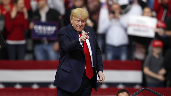 President Trump arrives at a campaign rally at Drake University in Des Moines, Iowa this week.