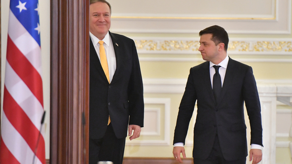 Secretary of State Mike Pompeo (left) and Ukrainian President Volodymyr Zelenskiy arrive for a joint news conference in Kyiv, Ukraine, on Jan. 31.