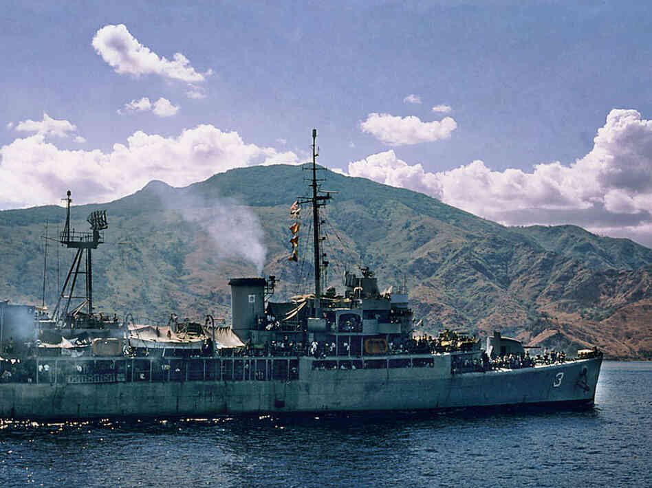South Vietnamese navy ship filled with refugees at Con Son Island.