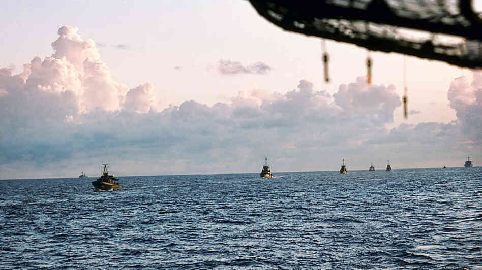The South Vietnamese fleet follows the USS Kirk to Subic Bay in the Philippines.