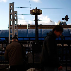 At the Yaroslavsky Rail Terminal in downtown Moscow, passengers rush past the "0" kilometer mark signifying the start of the Trans-Siberian Railway. The world's longest rail line -- and one of the most famous -- stretches more than 9,000 kilometers (nearly 6,000 miles) and spans seven time zones, snaking its way across Russia through the country's major cities and ending at Vladivostok, Russia's Asian port on the Pacific Ocean. (David Gilkey/NPR)