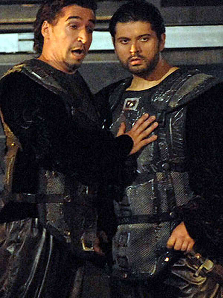 Iago (Alberto Gazale, left) sets his scheme in motion, aided unwittingly by Cassio (Sorin Lupu). Iago (Alberto Gazale, left) sets his scheme in motion, aided unwittingly by Cassio (Sorin Lupu).