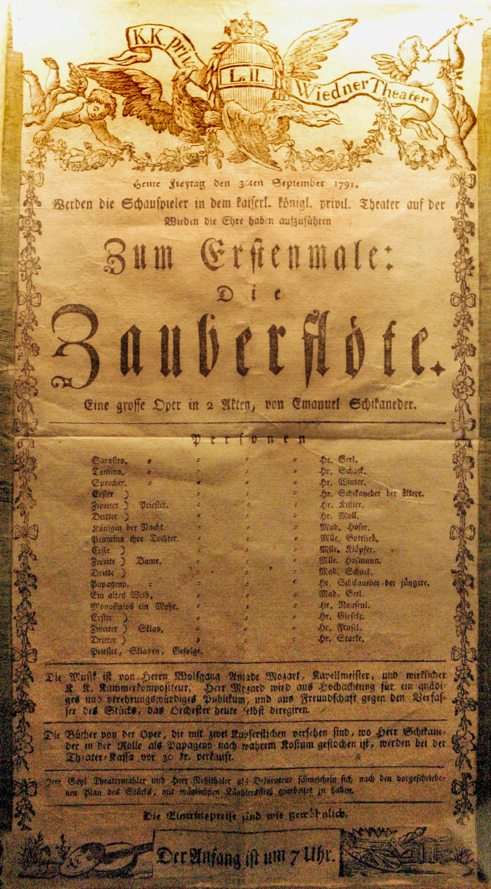The original poster advertising the premiere of The Magic Flute on Sept. 30, 1791, is on display at the birth home of Wolfgang Amadeus Mozart.