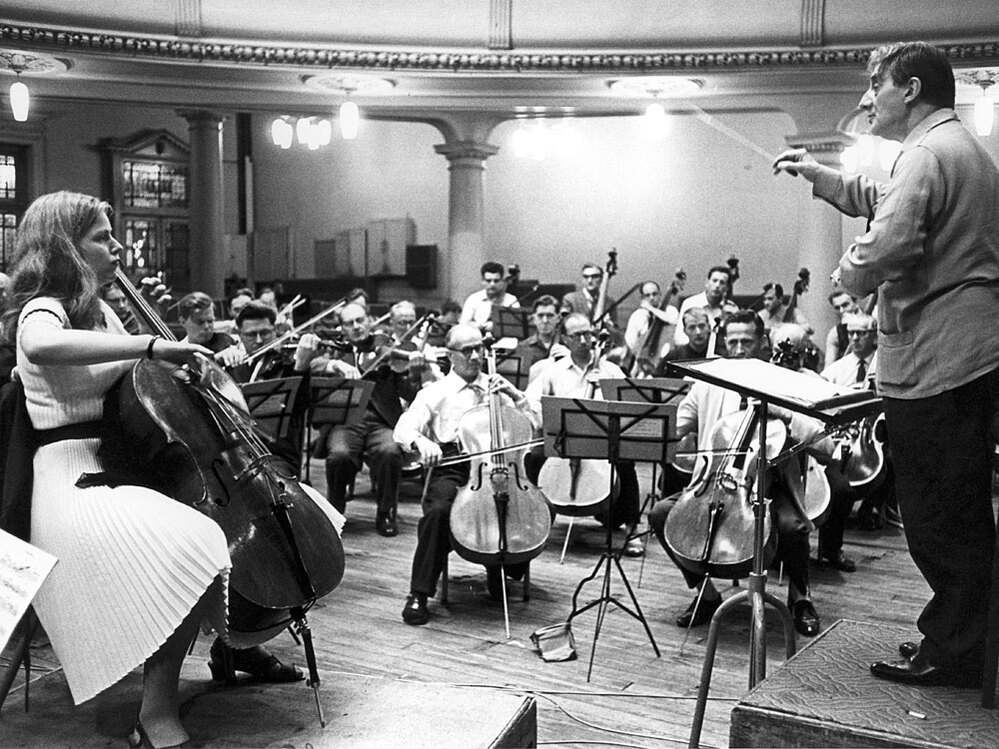 Cellist Jacqueline Du Pre records Elgar's Cello Concerto with conductor John Barbirolli at Kingsway Hall in London, 1965.