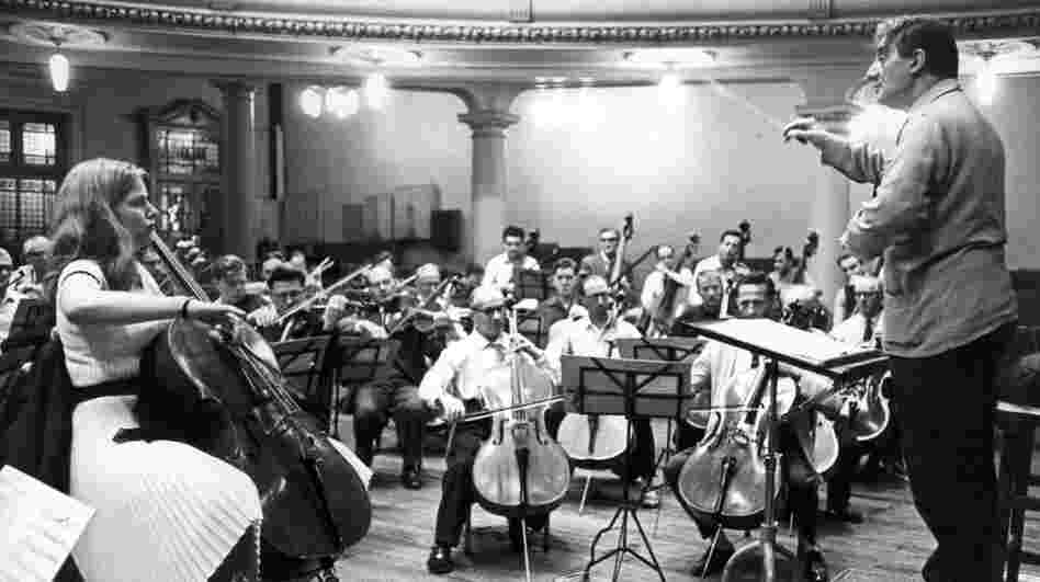 Cellist Jacqueline Du Pre records Elgar's Cello Concerto with conductor John Barbirolli at Kingsway Hall in London, 1965.