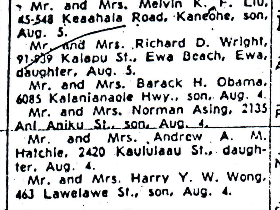 President Obama's birth announcement from 1961 President Obama's birth announcement from 1961