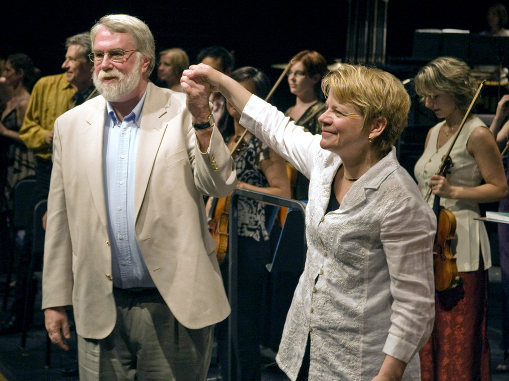 Conductor Marin Alsop (right) with composer Christopher Rouse at the Cabrillo Music Festival