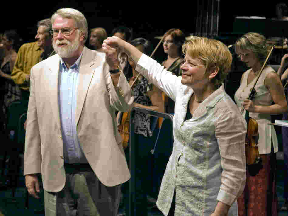 Conductor Marin Alsop (right) with composer Christopher Rouse at the Cabrillo Music Festival
