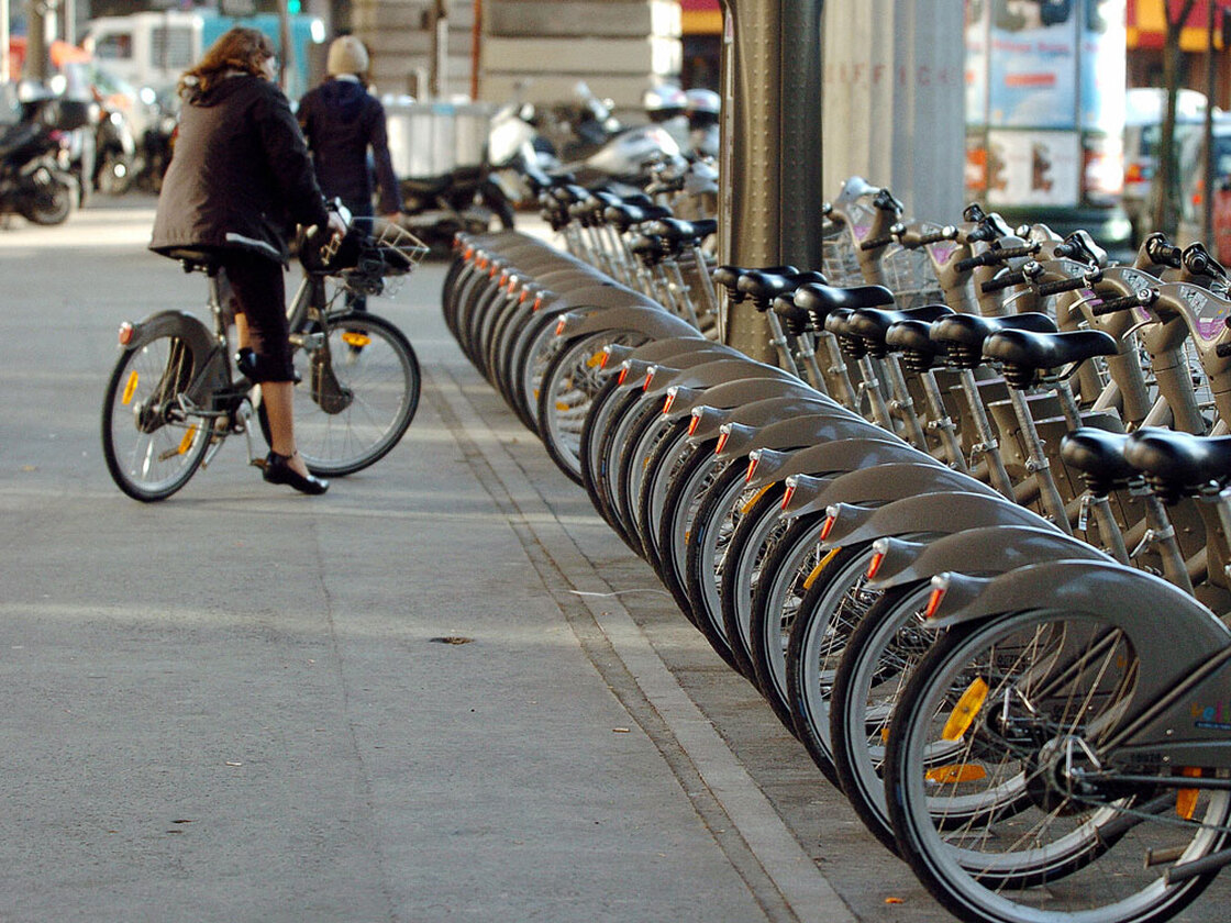 A row of Velib rental bicycles sits in a rack in central Paris in 2007.
