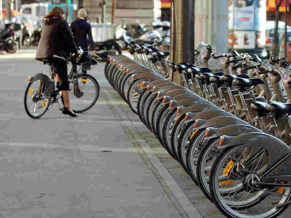 A row of Velib rental bicycles sits in a rack in central Paris in 2007.