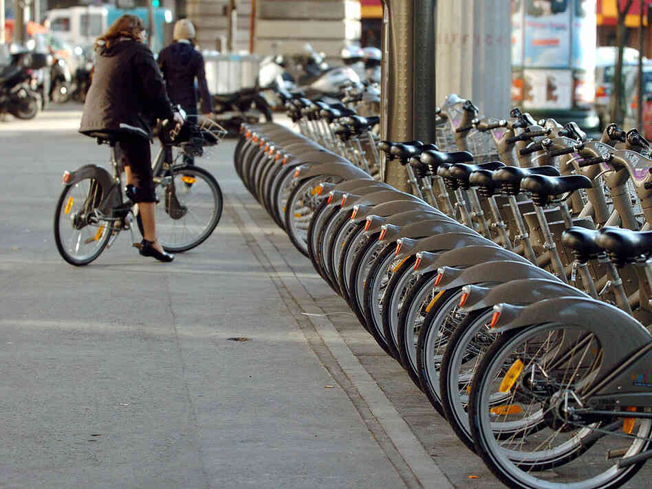 A row of Velib rental bicycles sits in a rack in central Paris in 2007.