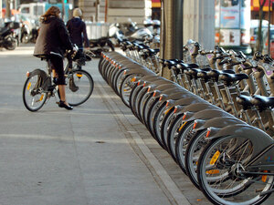 A Velib bike rental station in Paris.