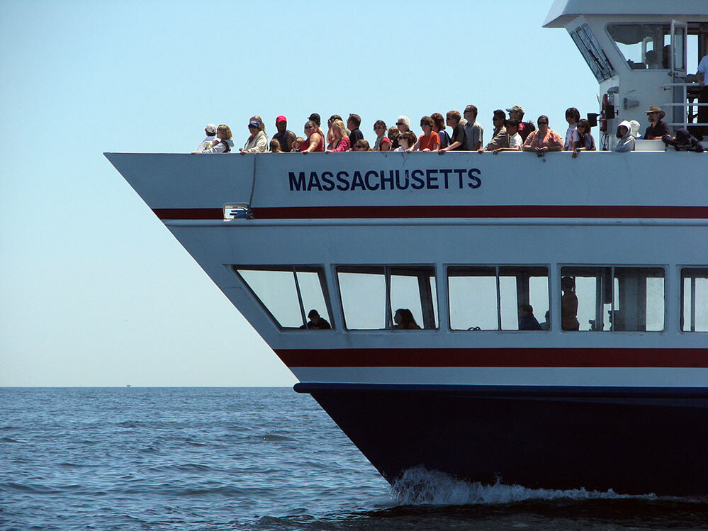 Passengers on a whale watching ship in Massachusetts Bay
