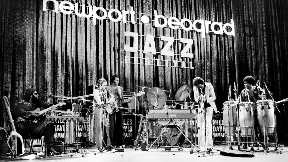 Miles Davis and the Yamaha group at the Newport-Belgrade Jazz Festival. Belgrade, Yugoslavia, 1973.'