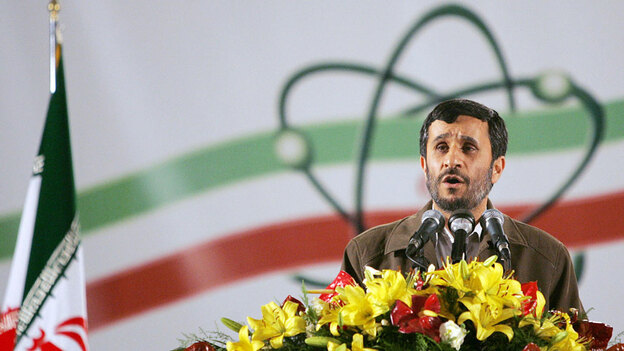 Wide: Iranian President Mahmoud Ahmadinejad delivers a speech at Natanz in 2007.