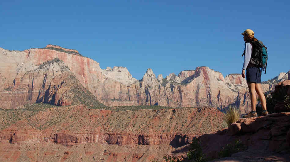 A hiker in Zion National Park (wide)