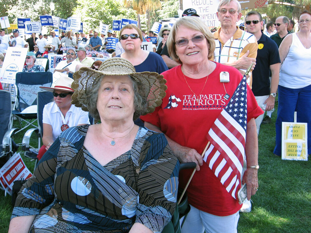 Jean Sadler and Karen Griggs attend the Tea Party Express rally in Sacramento