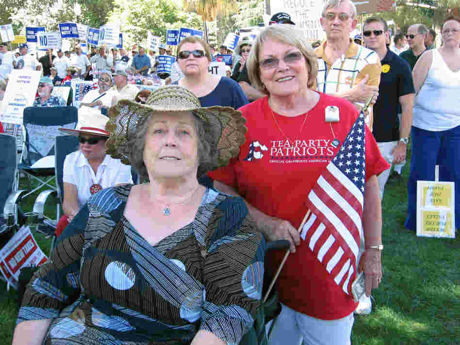Jean Sadler and Karen Griggs attend the Tea Party Express rally in Sacramento