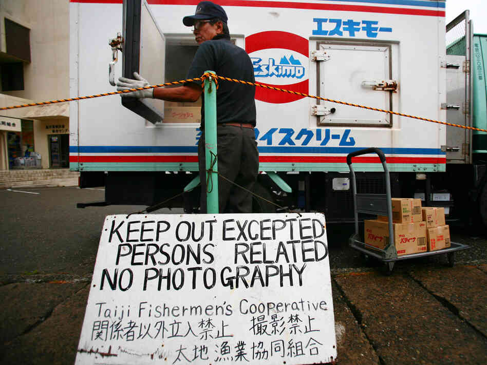A signboard posted by Taiji Fishery Cooperative at a port in Taiji. Junji Kurokawa/AP