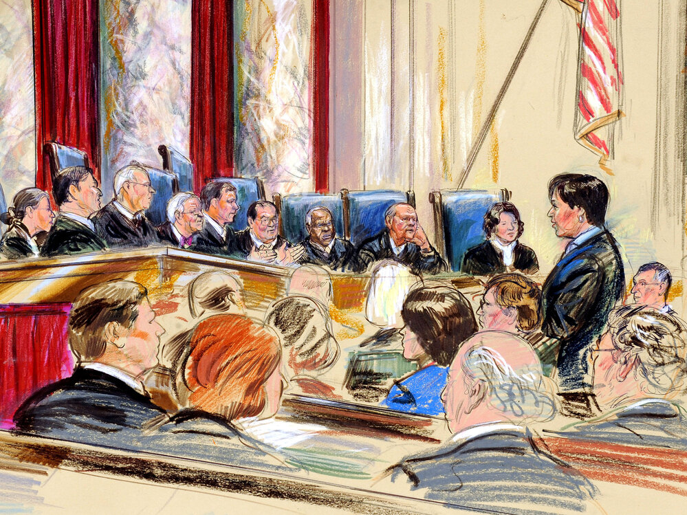 An artist rendering showing Supreme Court arguments
