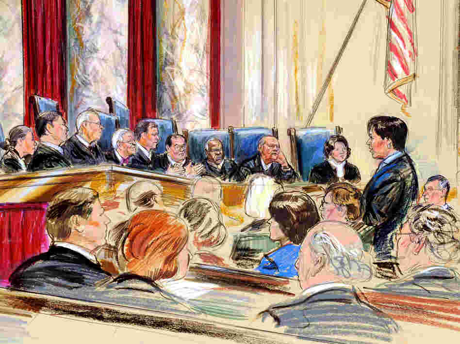 An artist rendering showing Supreme Court arguments