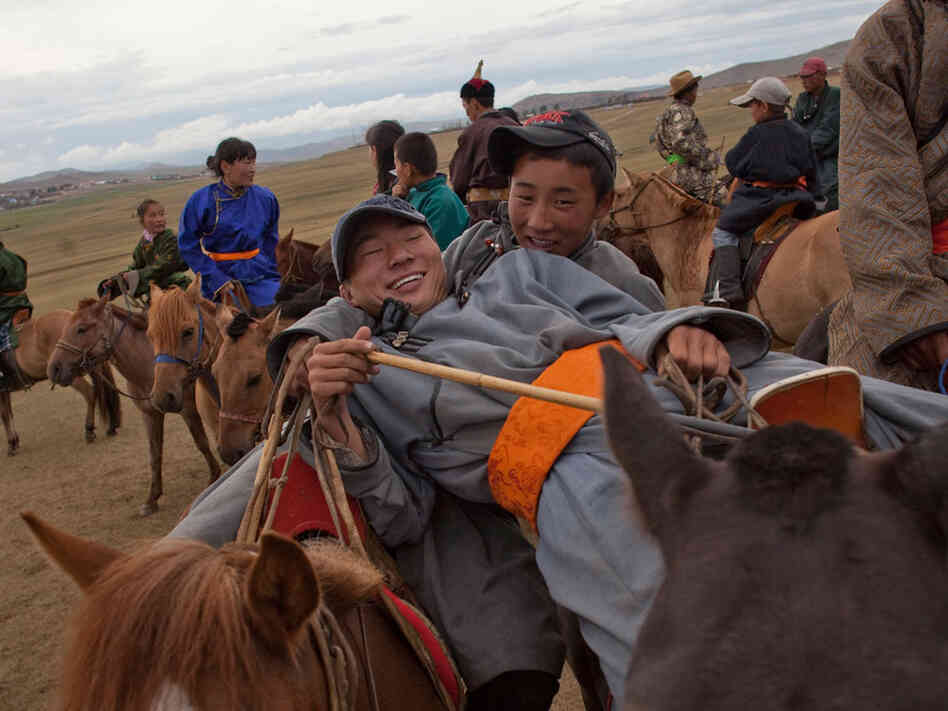 At the finish line for horse-racing competition in Khujirt, Mongolia