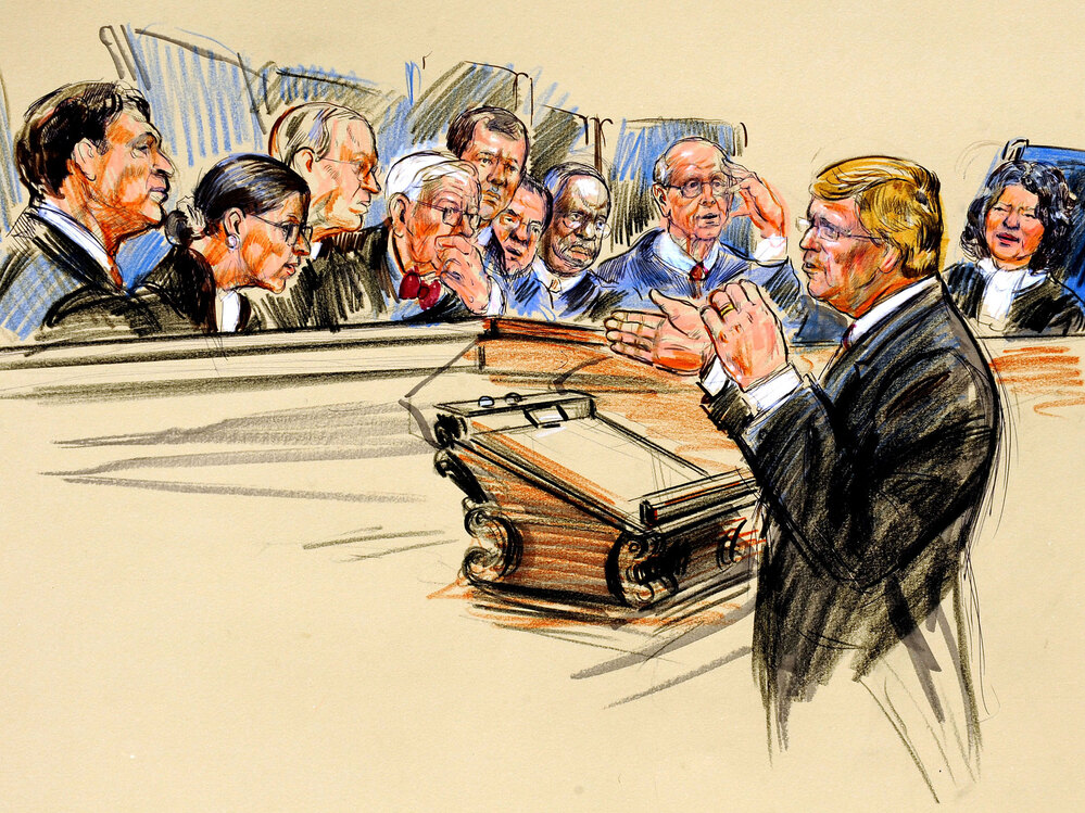 An artist rendering of Theodore Olson, the attorney representing Citizens United, arguing a case