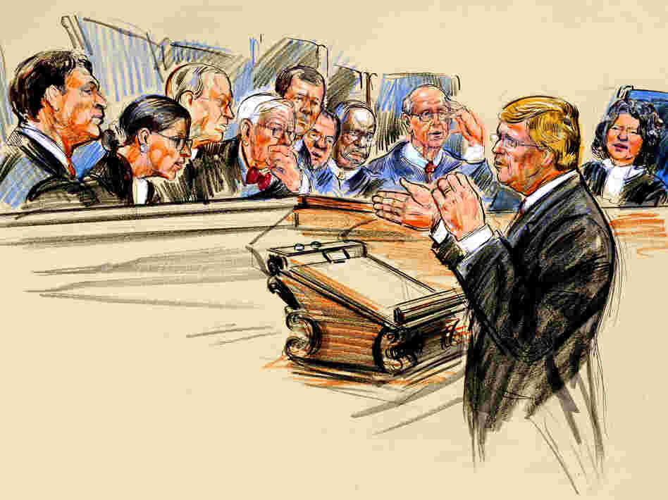 An artist rendering of Theodore Olson, the attorney representing Citizens United, arguing a case