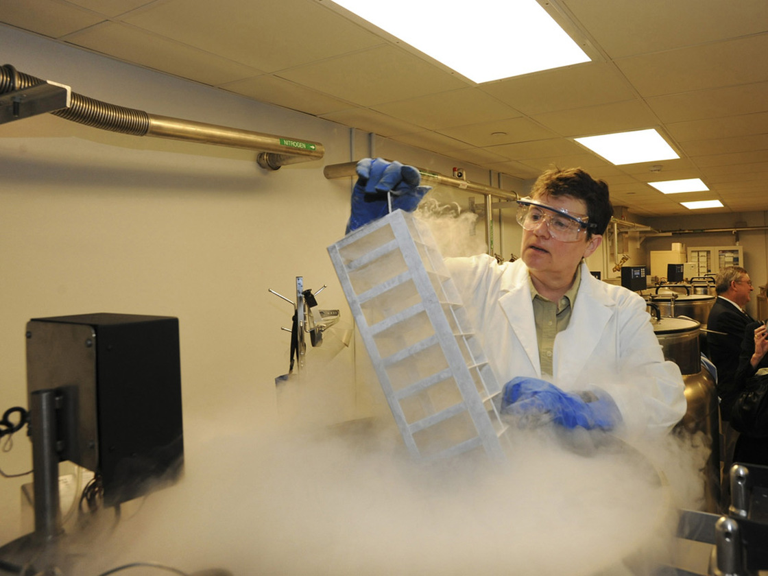 A researcher pulls samples from a nitrogen storage vat. A researcher pulls samples from a nitrogen storage vat.