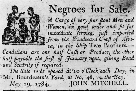 An advertisement in a colonial broadside newspaper advertises a cargo of slaves just imported from Africa on the ship Two Brothers.
