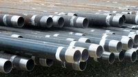 A shale gas well bore is lined by steel pipe, shown here in 100-foot sections in Washington County, Pa., at the drill site of Range Resources. Between its vertical and horizontal sections, a well bore will extend 9,000 feet or longer and require more than a million pounds of steel.