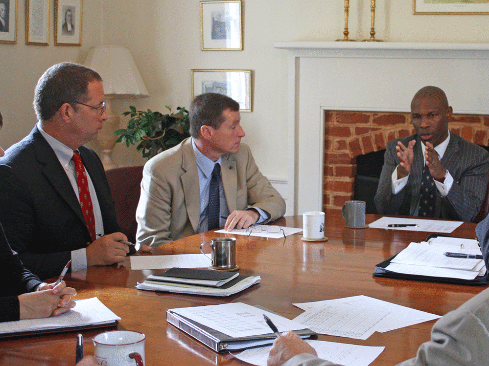 Chris Howard convenes his senior staff at the "Birthplace." Guy Raz/NPR