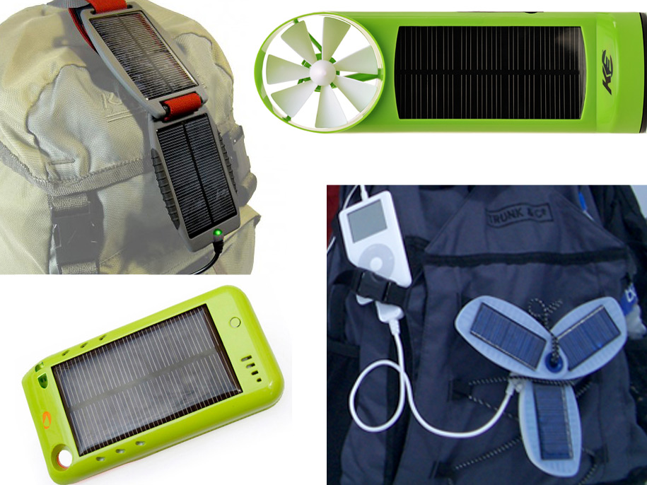 Solar chargers, from top left: Powertraveller Solar Monkey, K3 Wind and Solar Charger, Solio Classic and Novothink Surge.